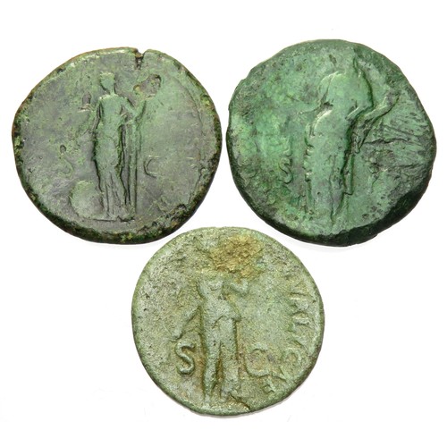 256 - Roman AE Coin Group (3). 1st-2nd century CE. mm. Domitian dupondius, Trajan dupondius and a sesterti... 