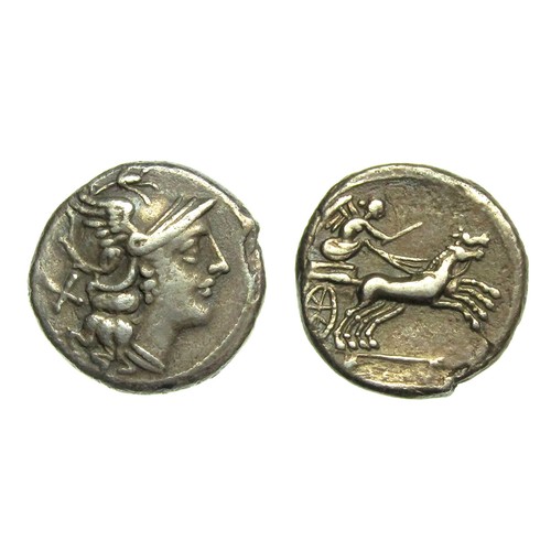 238 - Roman Republican Silver Denarius. Circa 157-155 BC. 17mm. 3.67g. Helmeted head of Roma right, X behi... 