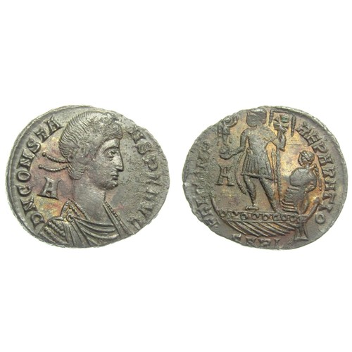 314 - Constans I AE. D N CONSTANS P F AVG, pearl-diademed, draped and cuirassed bust right, A behind bust.... 