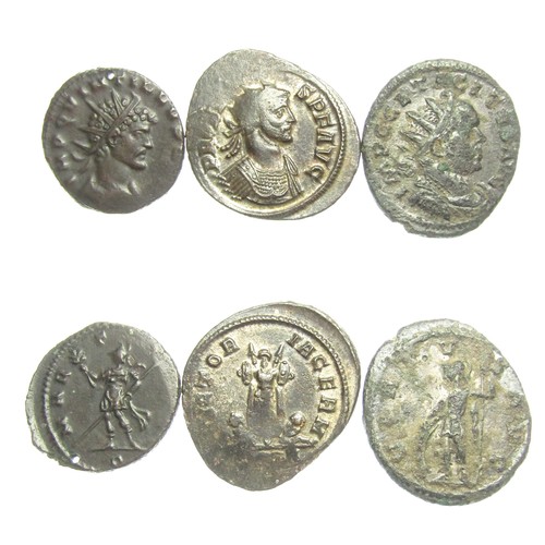 319 - Roman Antoninianii (3). Circa 3rd centyry AD. Billon, 20mm - 23.5mm. To include, Quintillus. R. MART... 