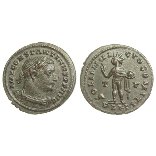 313 - Constantine Follis, mint of London, AD 309-311. Billon, 22mm. 4.21g. IMP CONSTANTINVS P F AVG, laure... 