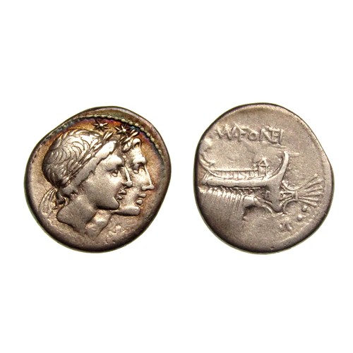 240 - Roman Repulic, Mn. Fonteius Denarius. Silver, 18.5mm. 3.84g. Conjoined laureate heads of the Dioscur... 