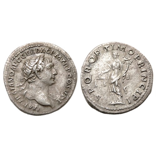 260 - Trajan Denarius. Rome 106 AD. Laureate bust right, IMP TRAIANO AVG GER DAC P M TR P COS V P P. R. S ... 