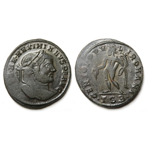 308 - Maximianus follis. As Augustus, 310-313 AD. Laureate bust right, [ ] MAXIMINVS P F AVG. R. GENIO POP... 