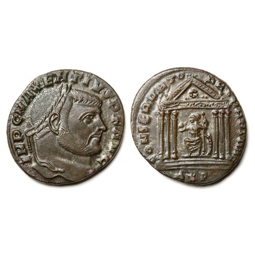 312 - Maxentius Follis. Ticinum?, 307 AD. Laureate head right, IMP C MAXENTIVS P F AVG. R. CONSERVATORES V... 