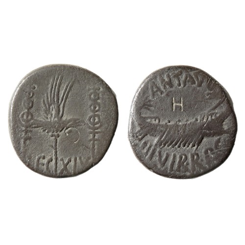 242 - Marc Antony Denarius. 32-31 BC. Galley right, ANT AVG III VIR R P C, H counter mark. R. LEG XIX, leg... 