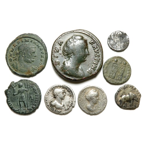 321 - Roman coin group. Largest: 34mm, 25.42g. To include, three silver denarius. Trajan, Faustin and Sept... 