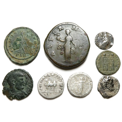 321 - Roman coin group. Largest: 34mm, 25.42g. To include, three silver denarius. Trajan, Faustin and Sept... 