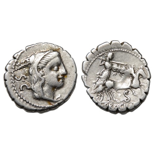 241 - L. Procilius Denarius. 80 BC. Head of Juno Sospita right, clad in goat's skin. S C behind. R. Juno S... 