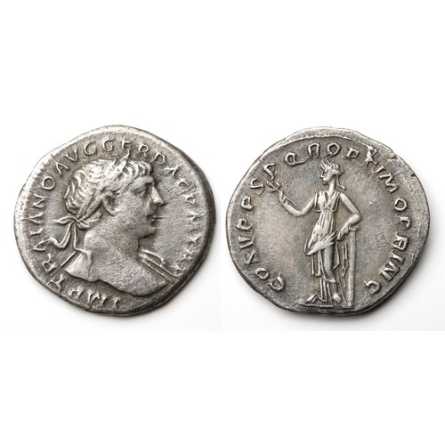 261 - Trajan Denarius. Rome, circa 110 AD. IMP TRAIANO AVG GER DAC P M TR P Laureate head right. R. COS V ... 