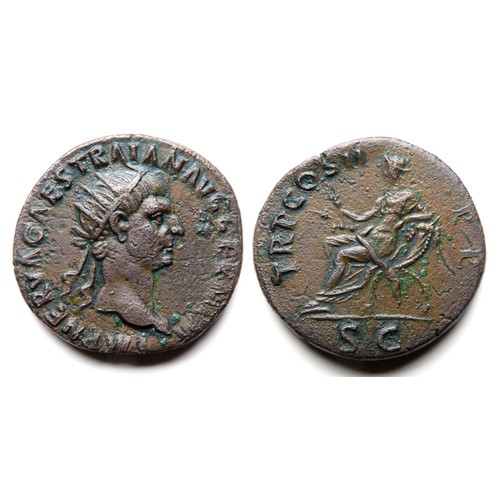 262 - Trajan Dupondius. Radiate bust right, IMP NERVA CAES TRAIAN AVG GER DAC. R. TR P COS II P P, SC, Abu... 