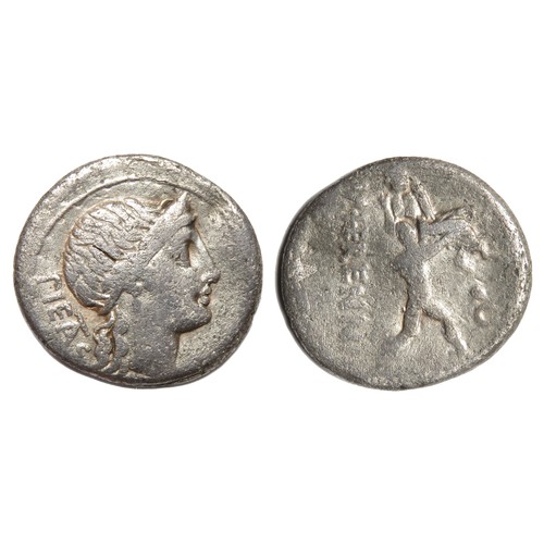 239 - Republican Denarius. M. Herenius, 108-107 BC. Silver, 3.66g. 19.11 mm. Diademed bust of Pietas right... 