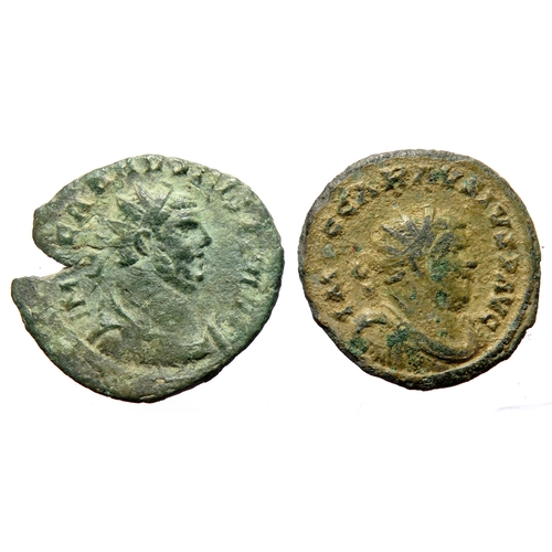 303 - Two Carausius antoninianii. Circa 286-293 AD. Largest 25mm, 3.22g. Radiate and draped bust right. Re... 