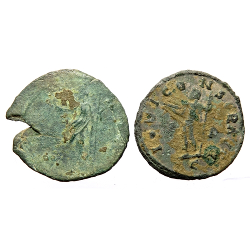 303 - Two Carausius antoninianii. Circa 286-293 AD. Largest 25mm, 3.22g. Radiate and draped bust right. Re... 