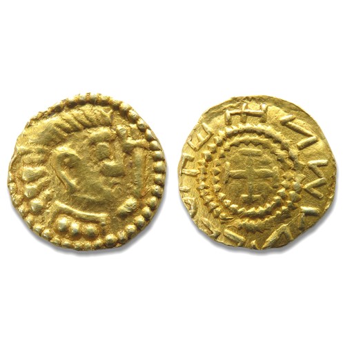 326 - Anglo-Saxon Gold Thrymsas. Ultra-Crondall, circa 620-655 CE. Wuneeton type. Gold, 1.28g. 11mm. Bust ... 