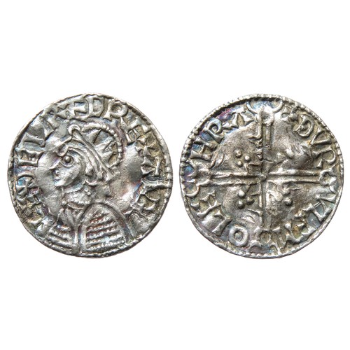 337 - Aethelred II Helmet Type Penny. Silver, 1.39g. Armoured bust left with radiate helmet. R. voided lon... 