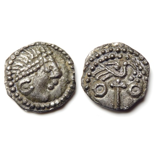 329 - Anglo-Saxon sceat, series J type 85, c. AD 710 -760. Obv: Diademed head right. Rev: Bird on cross wi... 