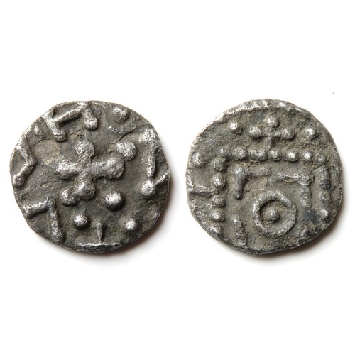 330 - Continental silver sceat, series D. Continental Issues, 695-740 AD. Silver, 12mm, 1.15g. Crude stand... 