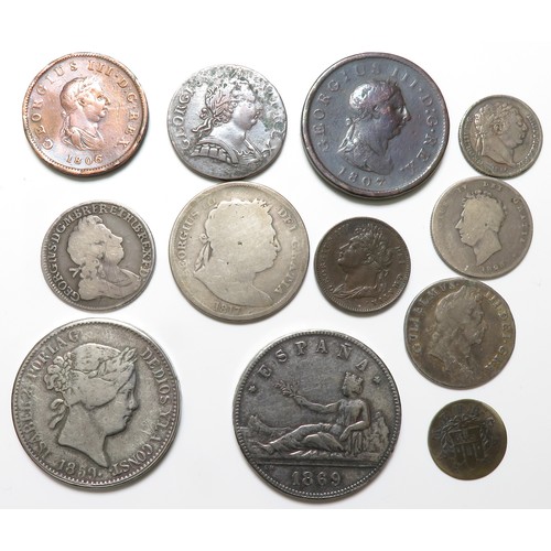 395 - British and Spanish Milled Coin Group. Copper and silver issues. Largest 38mm. To include, shillings... 