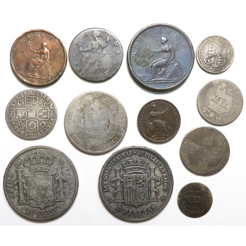 395 - British and Spanish Milled Coin Group. Copper and silver issues. Largest 38mm. To include, shillings... 