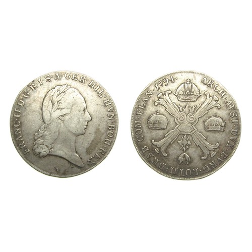 394 - Francis II 1 Kronemthaler 1794. Silver, 29.44g. 39mm. Laureate bust right, mintmark A below. FRANC I... 