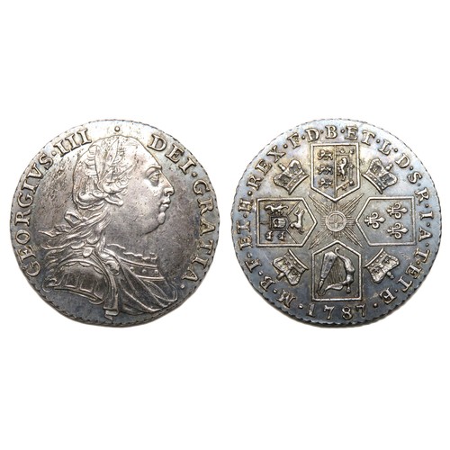 386 - George III Shilling 1787. Older laureate and draped bust right, GEORGIVS III DEI GRATIA. R. Crucifor... 