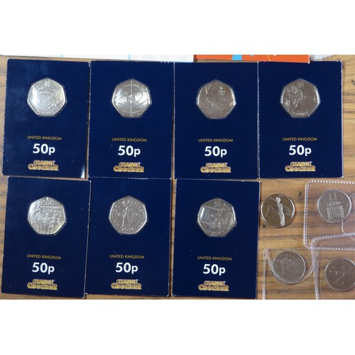 482 - Peter Rabbit BUNC 50p plus Table Tennis and 7 other 50p coins in Change Checker cards, St Andrew £2 ... 