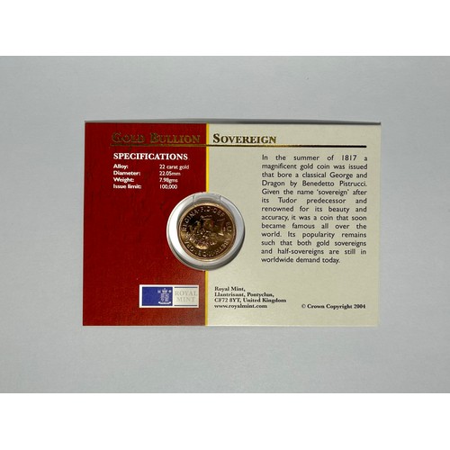 420 - British Gold Sovereign 2004, in sealed presentation pack. 22ct gold, 7.98g. 22mm. Crowned bust right... 