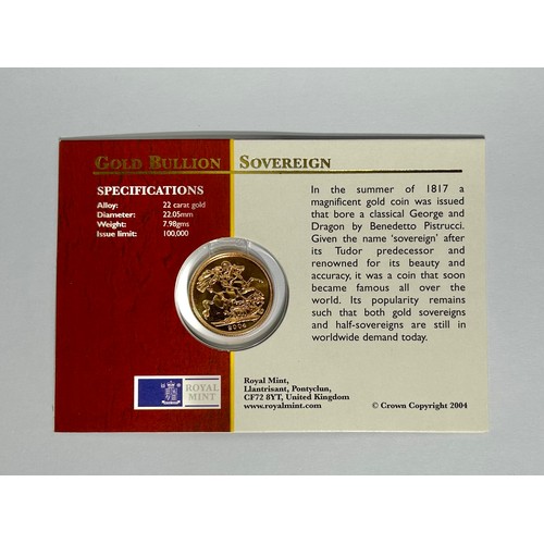 421 - British Gold Sovereign 2004, in sealed presentation pack. 22ct gold, 7.98g. 22mm. Crowned bust right... 