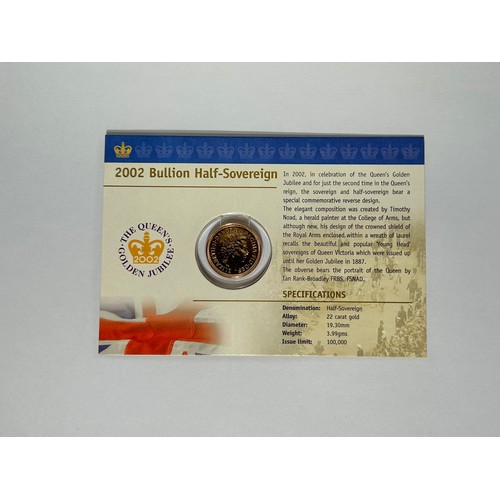 424 - British Gold Half Sovereign 2002, in sealed presentation pack. 22ct gold, 3.99g. 19mm. Crowned bust ... 