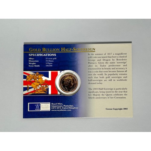 429 - British Gold Half Sovereign 2003, in sealed presentation pack. 22ct gold, 3.99g. 19mm. Crowned bust ... 