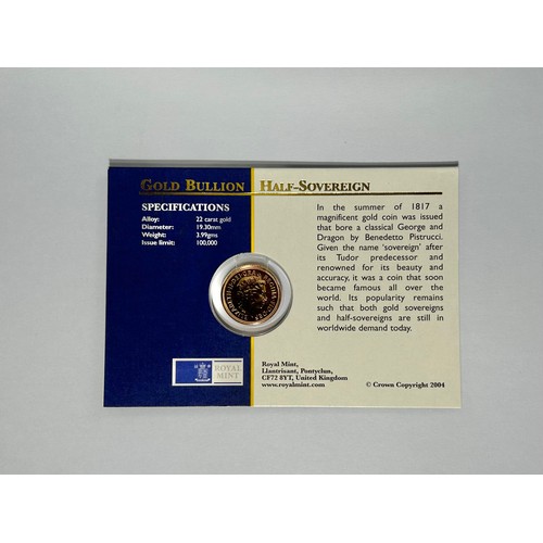 432 - British Gold Half Sovereign 2004, in sealed presentation pack. 22ct gold, 3.99g. 19mm. Crowned bust ... 