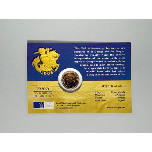 434 - British Gold Half Sovereign 2005, in sealed presentation pack. 22ct gold, 3.99g. 19mm. Crowned bust ... 