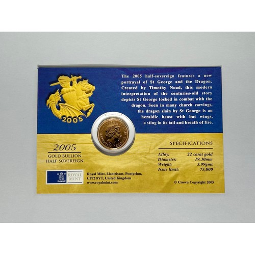 435 - British Gold Half Sovereign 2005, in sealed presentation pack. 22ct gold, 3.99g. 19mm. Crowned bust ... 