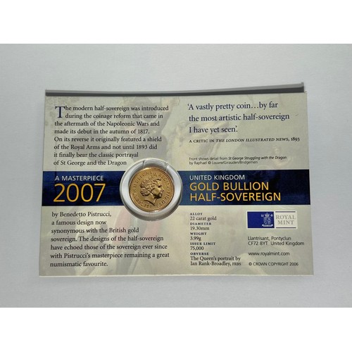 436 - British Gold Half Sovereign 2007, in sealed presentation pack. 22ct gold, 3.99g. 19mm. Crowned bust ... 