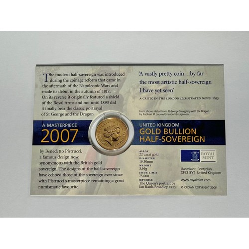 437 - British Gold Half Sovereign 2007, in sealed presentation pack. 22ct gold, 3.99g. 19mm. Crowned bust ... 