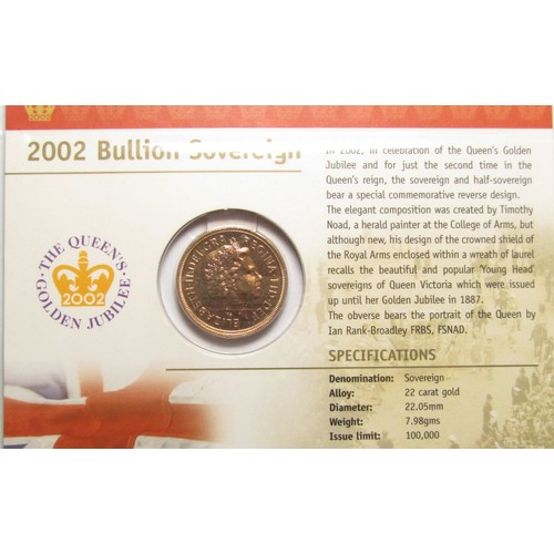 447 - British Gold Sovereign 2002, in presentation pack. 22ct gold, 7.98g. 22mm. Crowned bust right, ELIZA... 