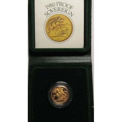 448 - Elizabeth II Proof Gold Sovereign 1980. 7.98g, 22mm. Crowned bust right, ELIZABETH II DEI GRATIA REG... 