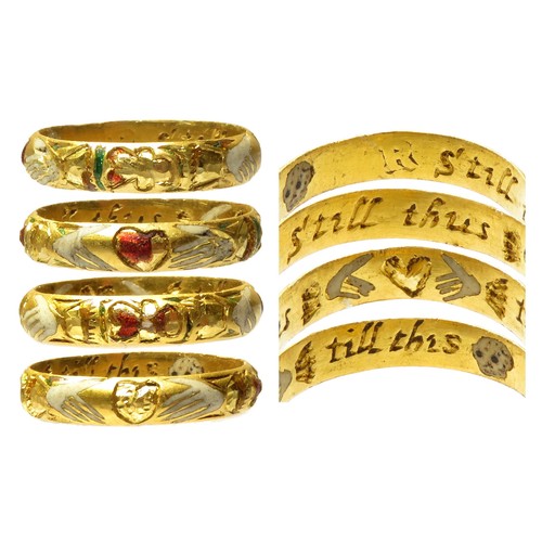 A very fine gold posy ring c. 1650-1680 decorated around the exterior with two pairs of hands holding hearts, deeply engraved and picked out in red, white and green enamel. The interior is engraved with a combination of words and symbols 'still thus [heart in hands] till this [skull]' conveying the sentiment 'I will love you until I die' or 'till death us do part'. 16mm diameter x 3mm, 1.59g.
