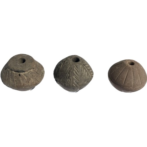 60 - Sassanian Pottery Beads. Circa 300-600 AD. 26 -31 mm. Three clay conical beads, each detailed with i... 