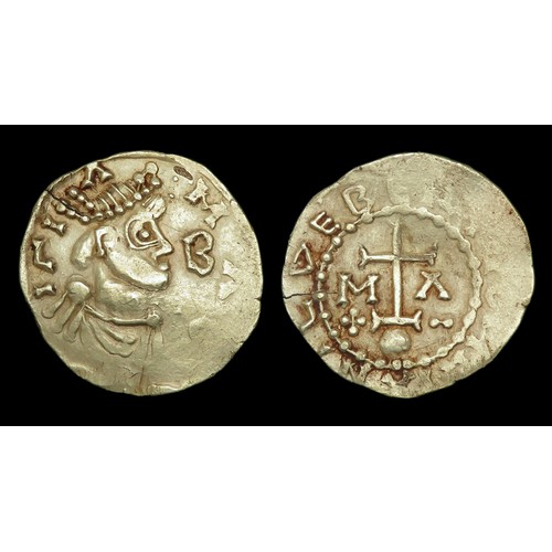 328 - Childebert III Solidus. 656-657 AD. Gold, Merovingian Francia. Pearl-diademed, draped, and cuirassed... 