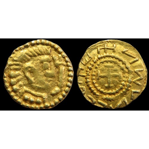 326 - Anglo-Saxon Gold Thrymsas. Ultra-Crondall, circa 620-655 CE. Wuneeton type. Gold, 1.28g. 11mm. Bust ... 