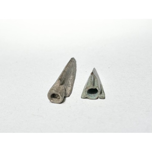 3 - Ancient Greek Tri-lobed Socketed Arrowheads (2). Copper-alloy, 34 & 22 mm. Ancient Thrace or Mac... 