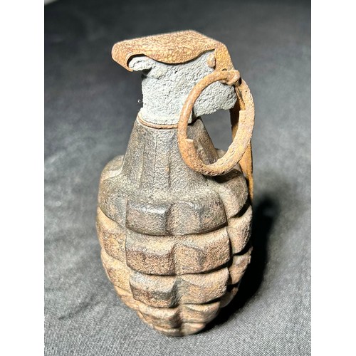 74 - WWII U.S Pineapple Hand Grenade. Solid filled bottom base, 1943 model with mouse trap action still i... 