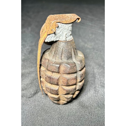 74 - WWII U.S Pineapple Hand Grenade. Solid filled bottom base, 1943 model with mouse trap action still i... 