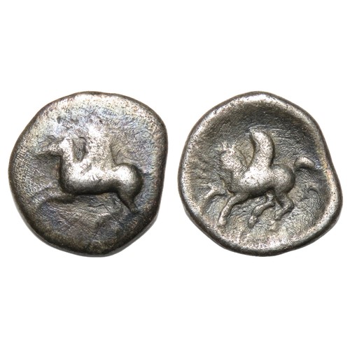 80 - Ancient Greek, Corinth, c. 375-300 BC. AR Diobol. 10mm, 0.59g. Pegasos flying l. R. Pegasos standing... 