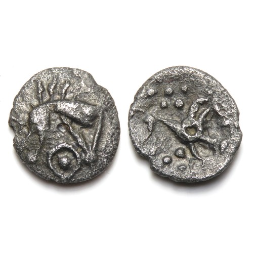 97 - Iceni Silver Half Unit. Silver, 0.51g, 10mm. Stylised boar right, pellet in ring below. R. Annulate ... 