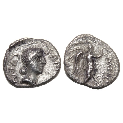 112 - Cunobelin Winged Victory Silver Unit. Circa, 8-41 AD. Silver, 1.07g, 12mm. Obverse: Bust right, CVNO... 