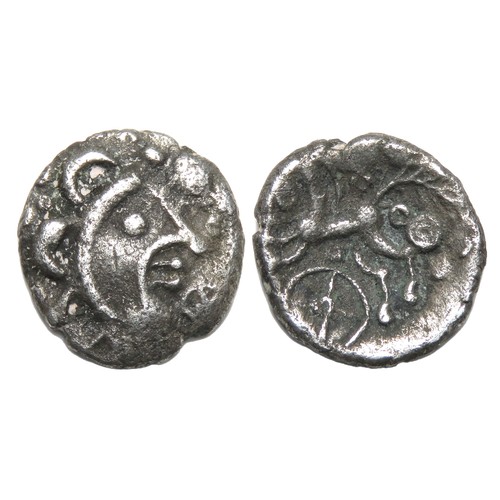 102 - Dobunni Upavon Moon Head Silver Unit. Circa, 20 BC-AD 10. Silver, 0.78 grams. 11.85 mm. Obverse: Moo... 