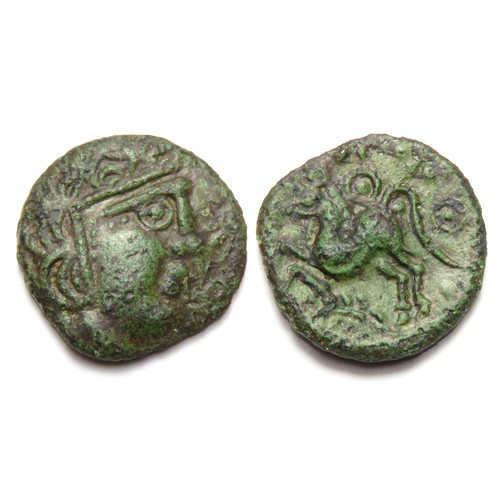 106 - Dubnovellaunos Crescent Head Bronze Unit. Circa 5 BC-10 AD. Chubby-cheeked head right, crescents for... 